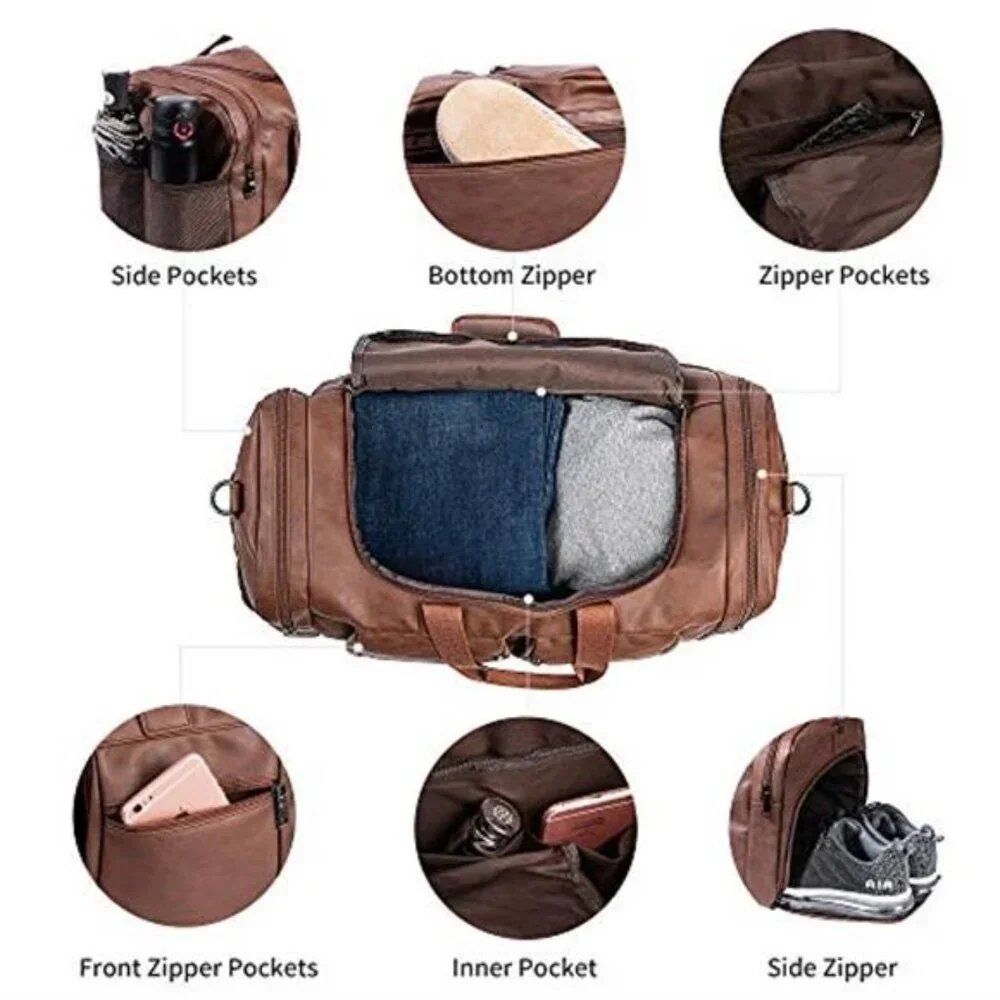 Leather Weekender Travel Bag Carry On Duffel Bag With Shoe Compartment Large